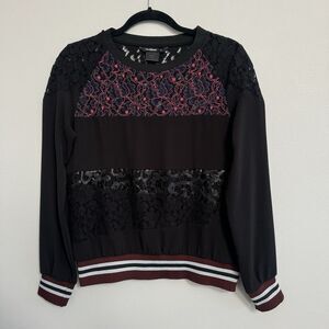 Desigual Medium Black Pink Lace Floral Sequin Banded Bottom‎ Long Sleeve Top